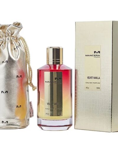 Luxurious perfume bottle with elegant packaging and silk pouch.