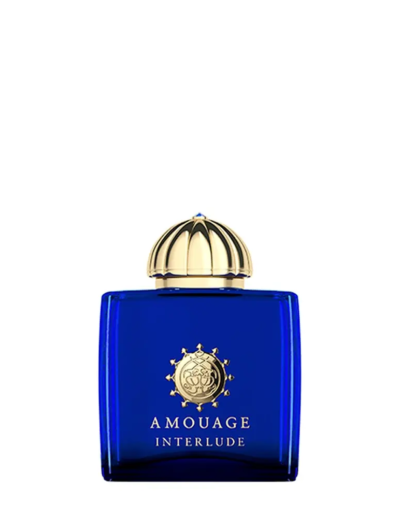 Elegant blue bottle of Amouage Interlude perfume with gold accents.