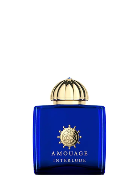 Elegant blue bottle of Amouage Interlude perfume with gold accents.