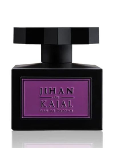 Elegant black and purple perfume bottle with a modern design.