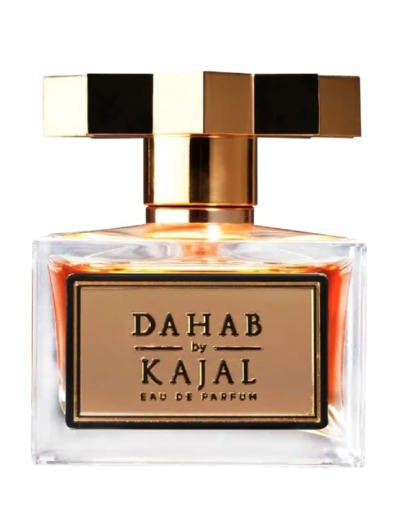 Elegant Dahab Kajal Eau de Toilette in a clear glass bottle with a gold label and cap.