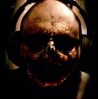 A dark, eerie skull-like face with headphones in dim lighting.