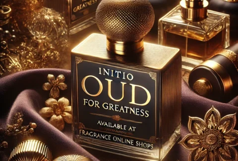 Gold-accented Initio Oud luxury perfume bottle