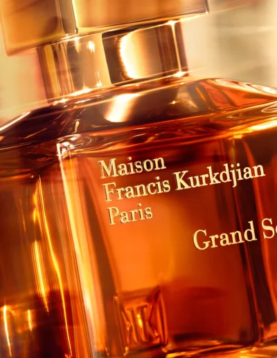 Close-up of Maison Francis Kurkdjian Grand Soir perfume bottle.