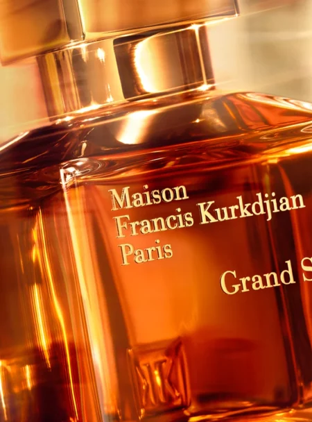 Close-up of Maison Francis Kurkdjian Grand Soir perfume bottle.
