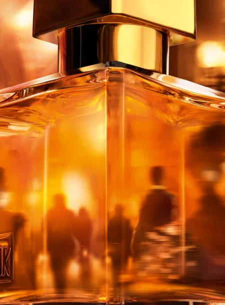 Elegant perfume bottle glowing with warm amber light.