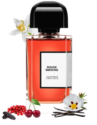 Elegant perfume bottle with floral and spice accents.