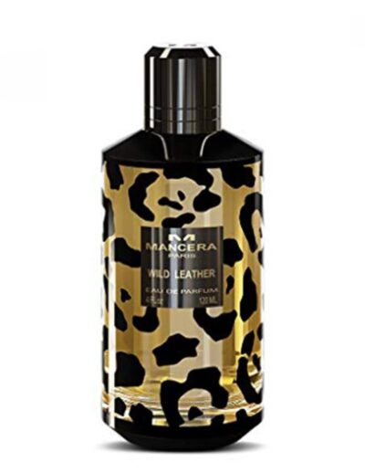 Leopard print bottle with black cap and label.