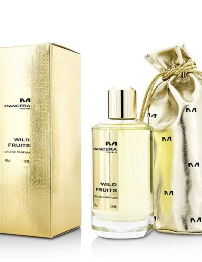 Elegant gold-themed perfume bottle with matching box and pouch.