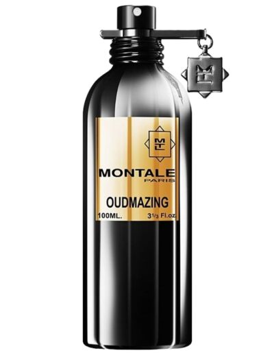 Sleek black bottle of Mostaal Oudmazing perfume with elegant gold label and attached charm.