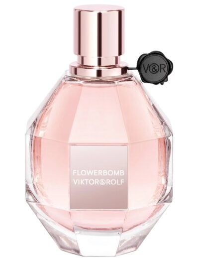 Pink perfume bottle with a black flower charm on the neck.