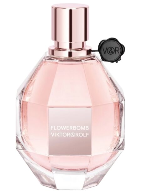 Pink perfume bottle with a black flower charm on the neck.