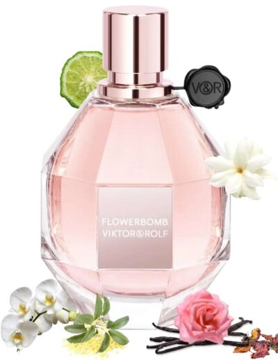 Elegant pink perfume bottle with floral and spice accents.
