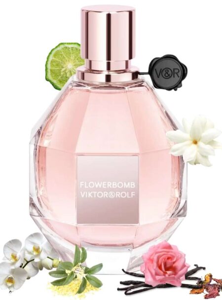 Elegant pink perfume bottle with floral and spice accents.