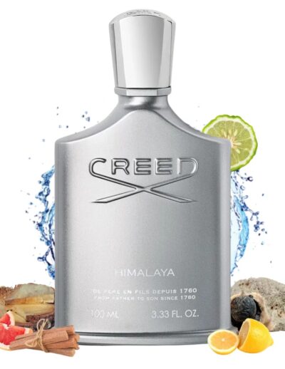 A sleek Creed cologne bottle with citrus and water splash accents.
