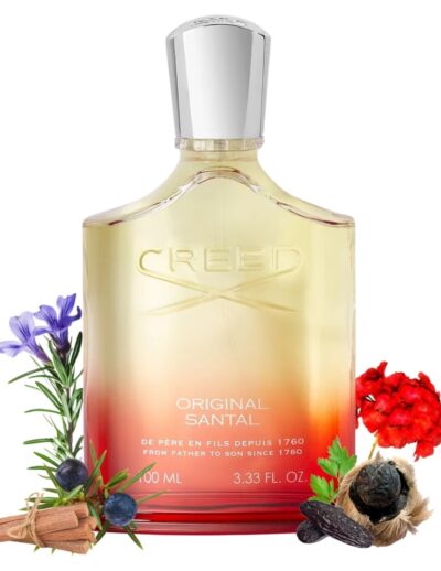 A gradient perfume bottle surrounded by flowers and botanicals.