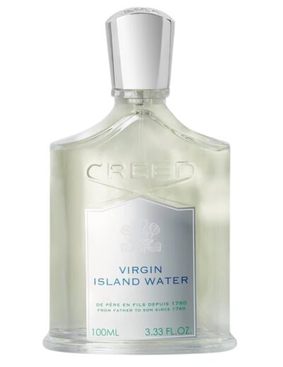 A clear glass bottle of Creed Virgin Island Water perfume with a silver cap.