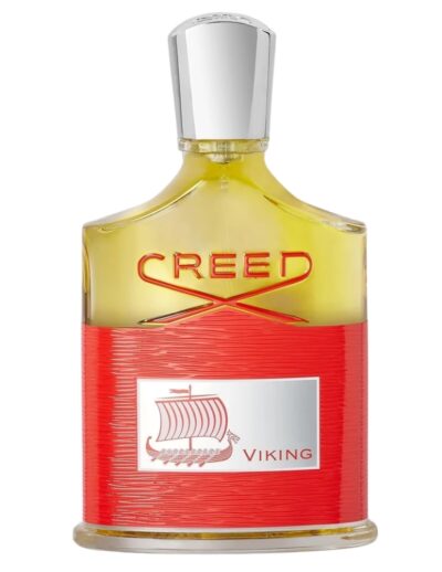 Bottle of Creed Aventus perfume with yellow and red design.
