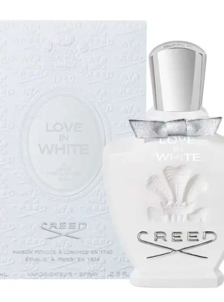Creed perfume bottle with matching box in white design.