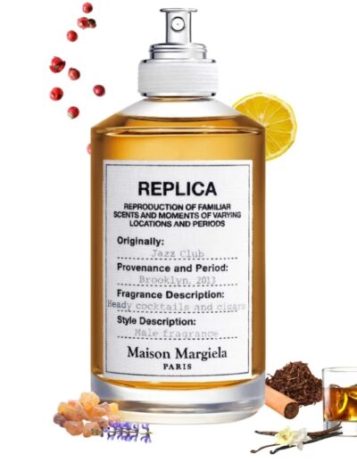 A bottle of Maison Margiela Replica perfume with scattered spices and whiskey.