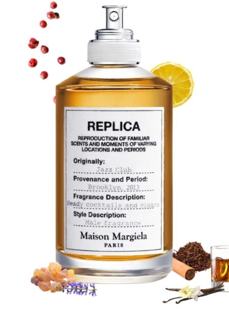 A bottle of Maison Margiela Replica perfume with scattered spices and whiskey.