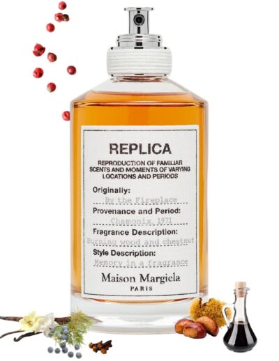 A bottle of Maison Margiela Replica perfume surrounded by scattered rose petals and spices.