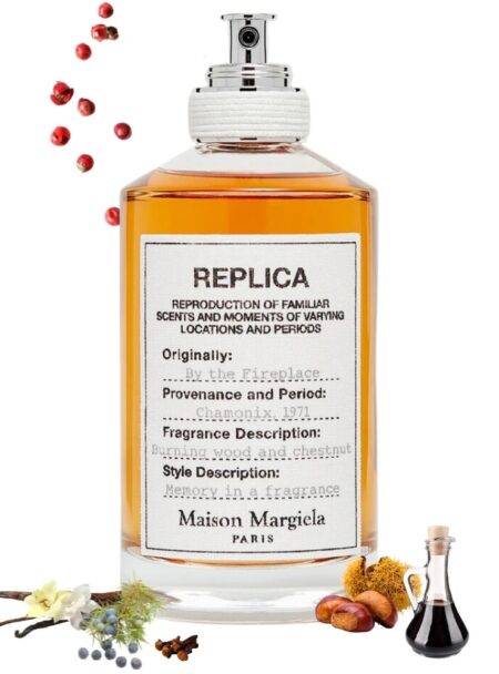 A bottle of Maison Margiela Replica perfume surrounded by scattered rose petals and spices.