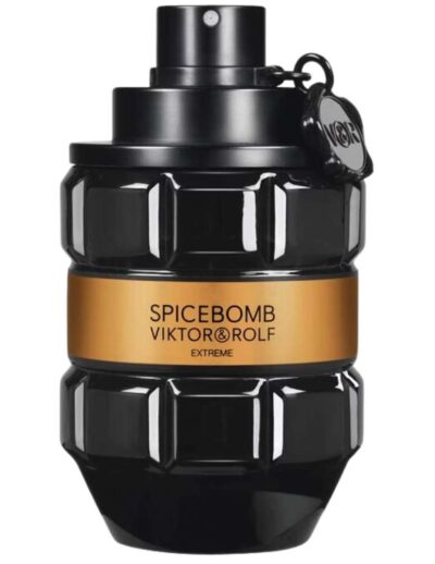 Black grenade-shaped perfume bottle with gold label.