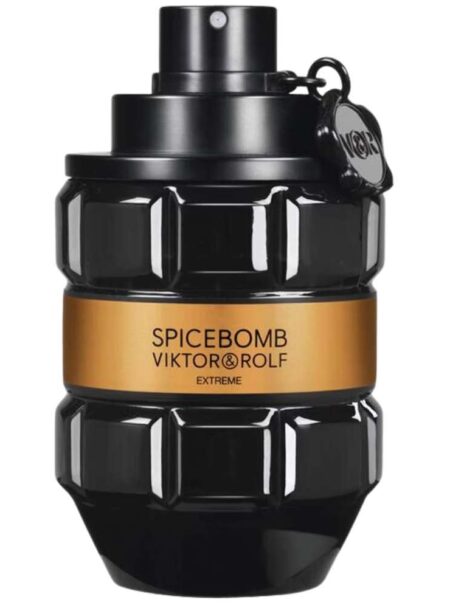 Black grenade-shaped perfume bottle with gold label.