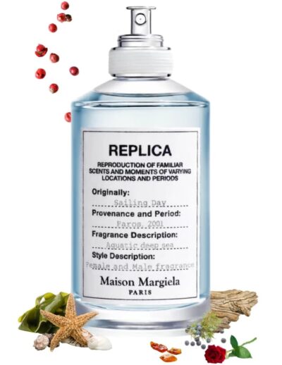 A bottle of Maison Margiela Replica perfume with scattered spices.