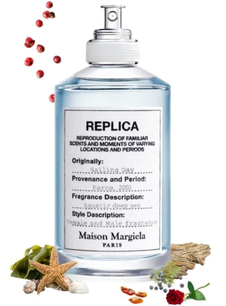 A bottle of Maison Margiela Replica perfume with scattered spices.