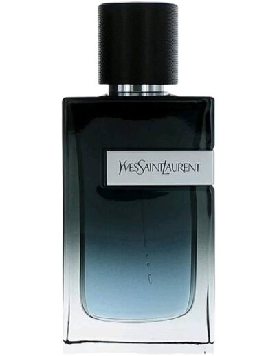 A sleek black and blue Yves Saint Laurent perfume bottle.