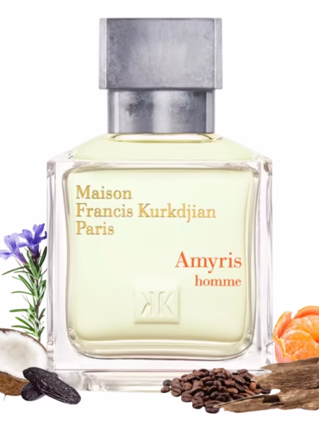 A red and gold bottle of perfume labeled 'Santo Forastero'.