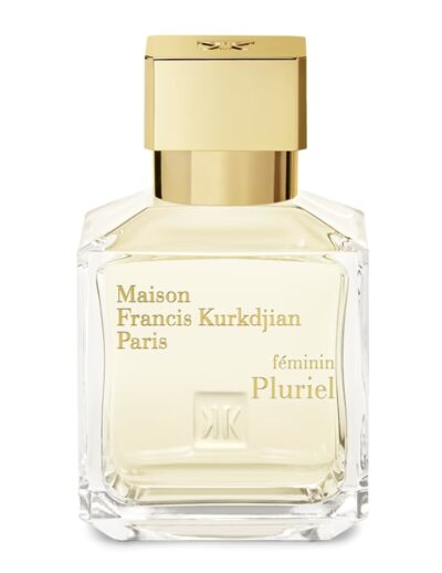 Elegant perfume bottle with a gold cap and light amber liquid inside.