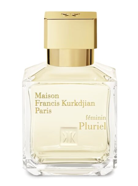 Elegant perfume bottle with a gold cap and light amber liquid inside.