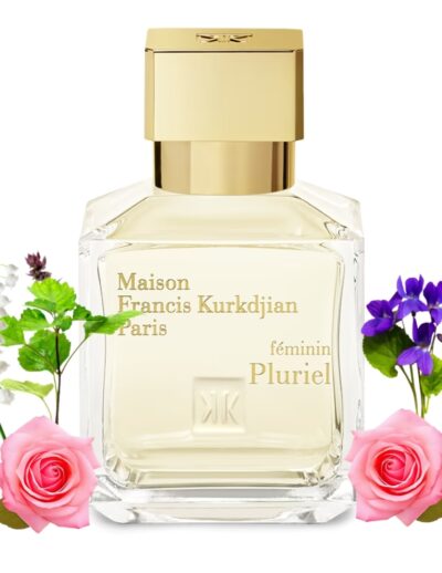 Elegant perfume bottle surrounded by flowers.