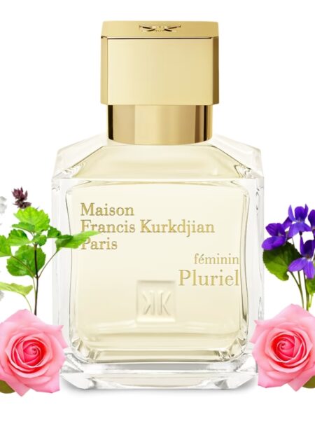 Elegant perfume bottle surrounded by flowers.