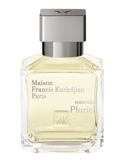 A bottle of Maison Francis Kurkdjian Paris perfume with a silver cap.