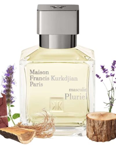 Elegant perfume bottle with natural lavender and wood elements.