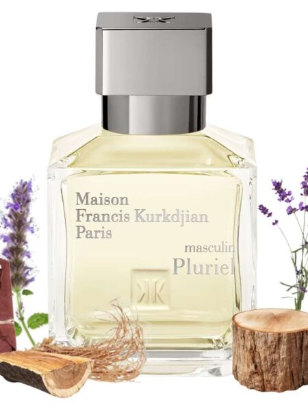 Elegant perfume bottle with natural lavender and wood elements.