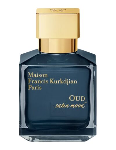 Elegant blue and gold bottle of Maison Francis Kurkdjian Oud Satin Mood perfume.
