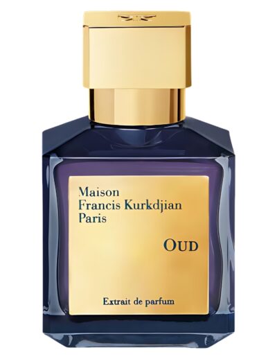A luxurious blue and gold bottle of Maison Francis Kurkdjian Paris Oud perfume.