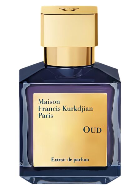 A luxurious blue and gold bottle of Maison Francis Kurkdjian Paris Oud perfume.