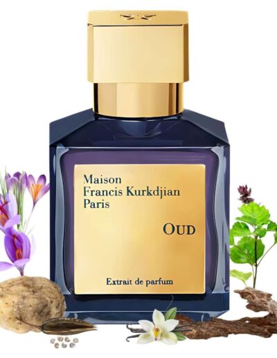 Elegant blue and gold perfume bottle with botanical elements.