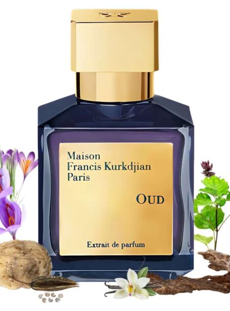 Elegant blue and gold perfume bottle with botanical elements.