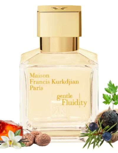 A bottle of Maison Francis Kurkdjian Paris perfume with natural ingredients beside it.