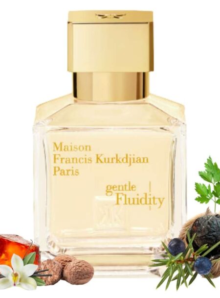 A bottle of Maison Francis Kurkdjian Paris perfume with natural ingredients beside it.