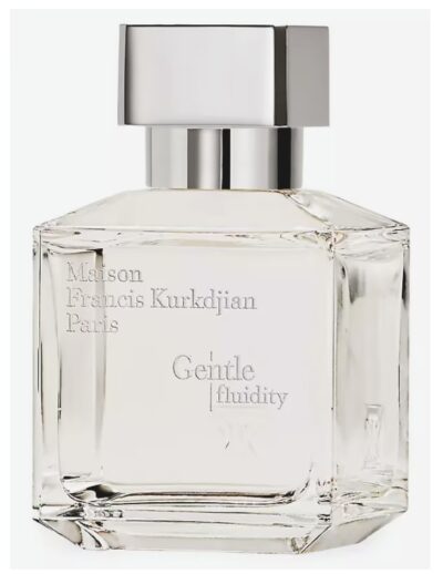 A clear glass perfume bottle with a silver cap and elegant label.