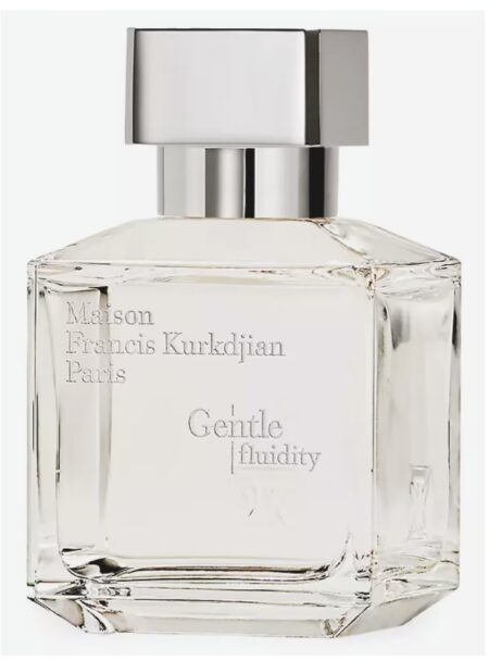 A clear glass perfume bottle with a silver cap and elegant label.