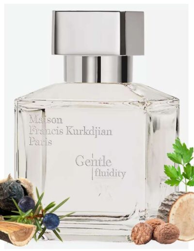 Elegant perfume bottle with floral and nutty ingredients beside it.